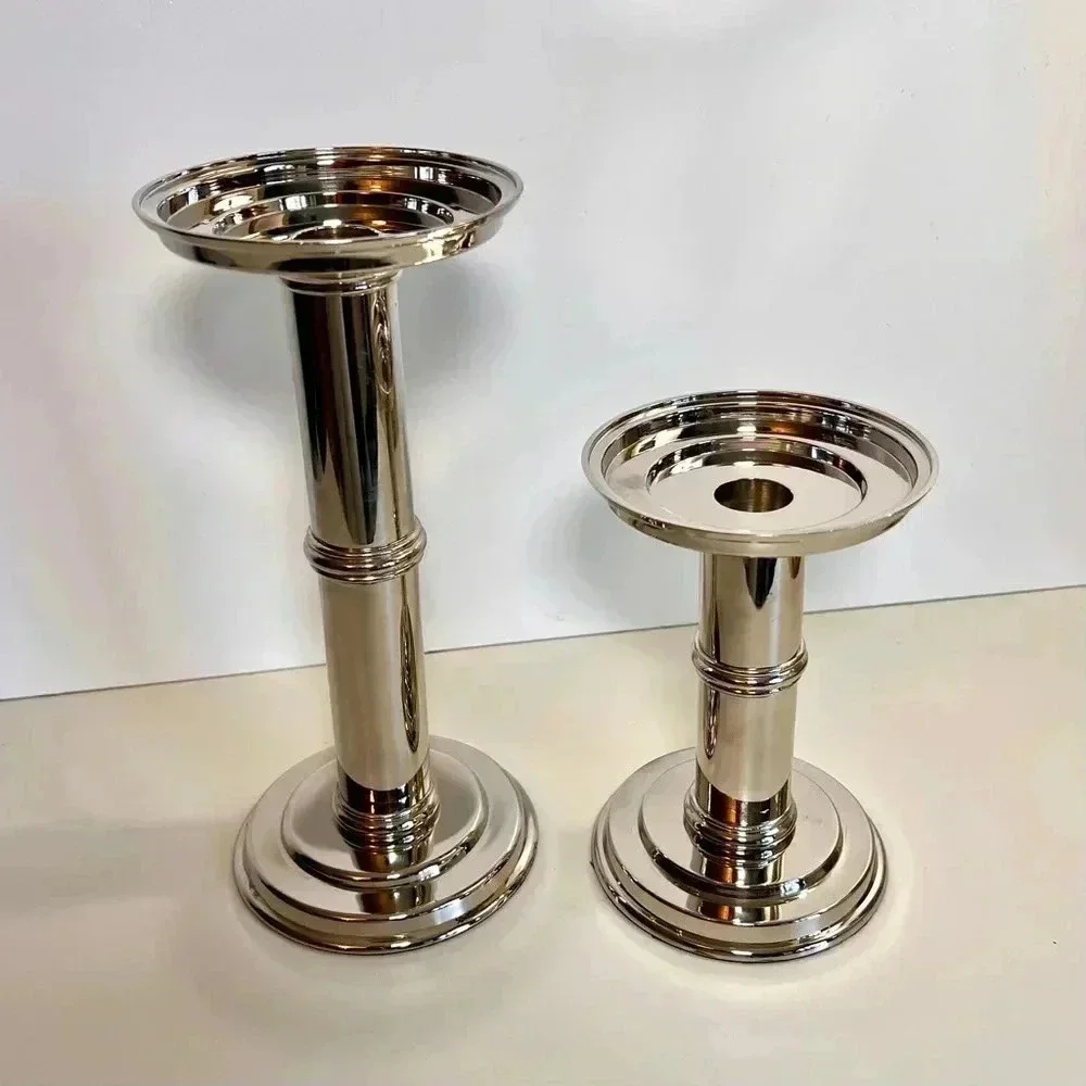 Silver Metal Pillar Taper Candlestick Holders Set of 2 Graduated Heights 9